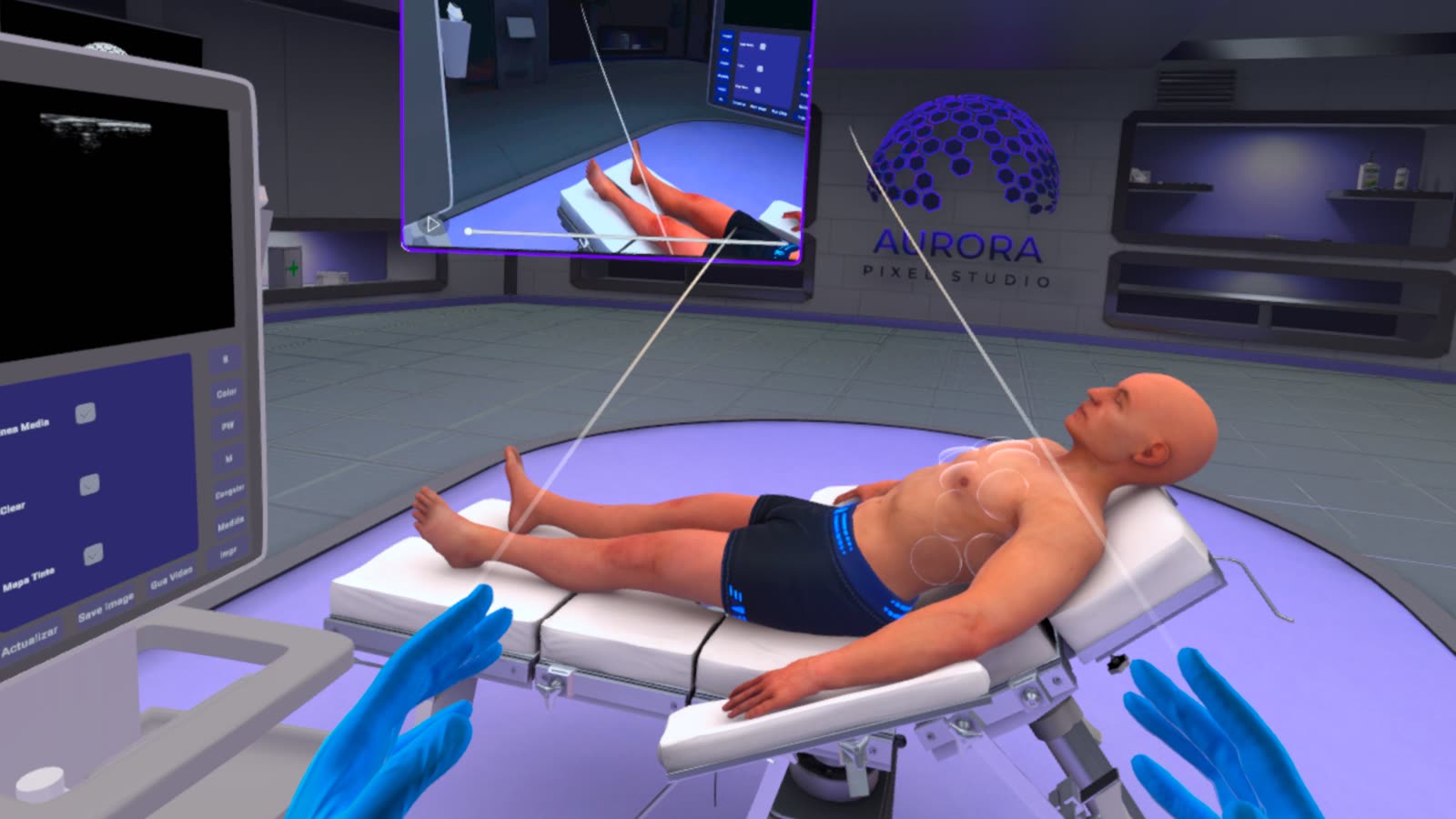 Escena de POCUS VR: paciente virtual en camilla, ecógrafo a la izquierda y las manos del usuario con guantes azules.